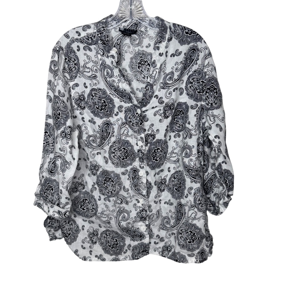 Carole Little Woman 100% Linen Paisley Print Roll Tab Sleeve Blouse White‎ 1X
